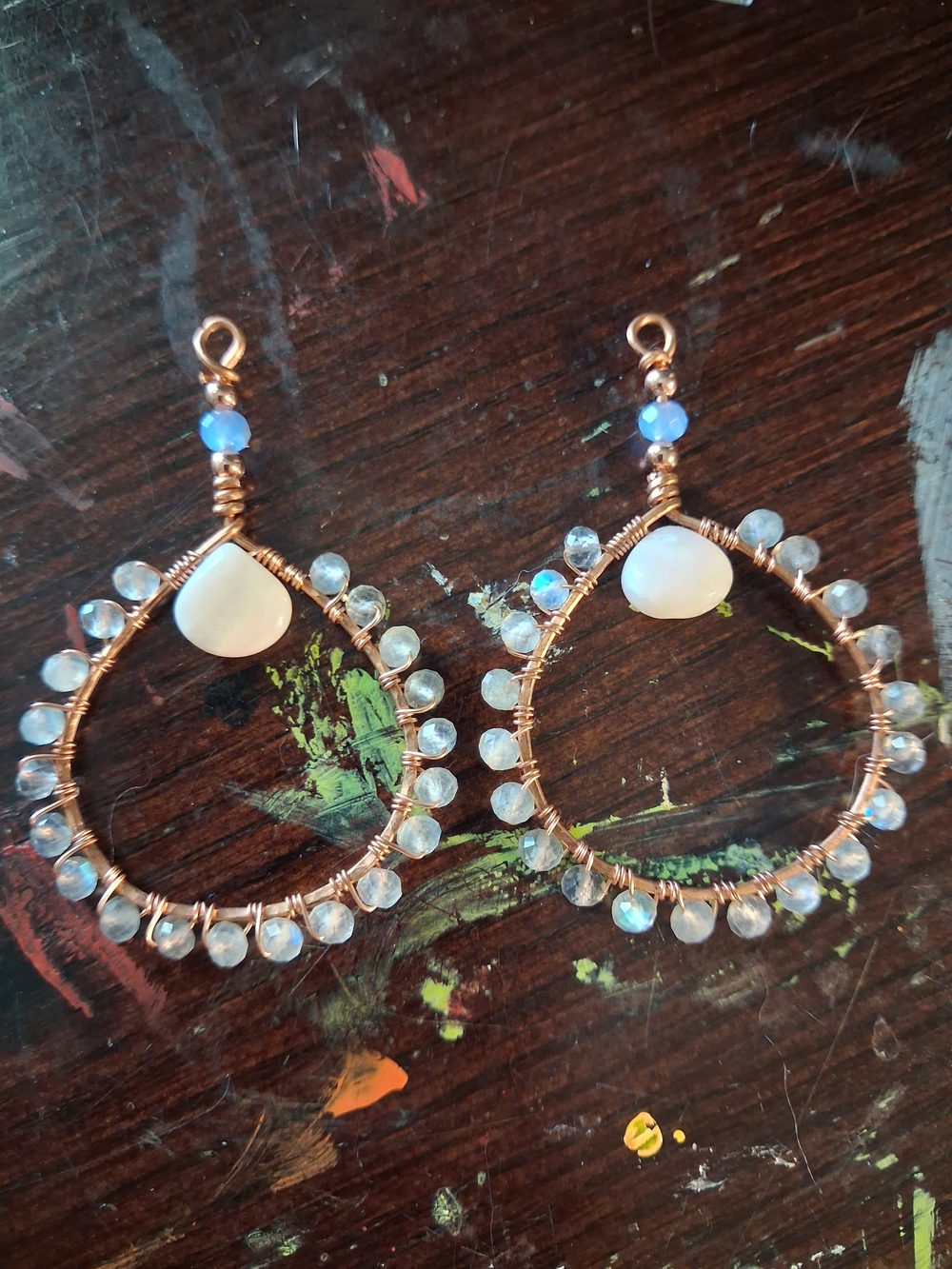 Handcrafted Copper Hoop Earrings with Moonstone Beads